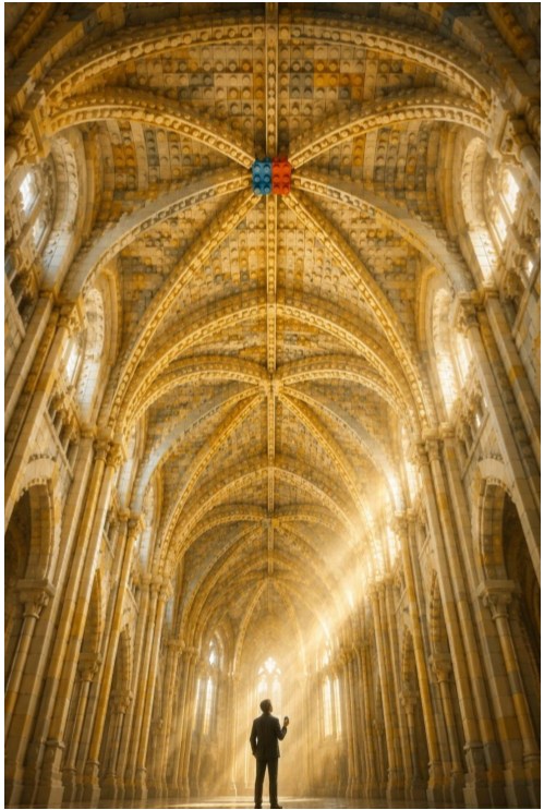 person standing in a gothic cathedral nave looking up, two lego bricks locked at the vaulted keystone