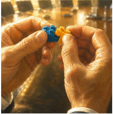 aged hands connecting two lego bricks over a conference table