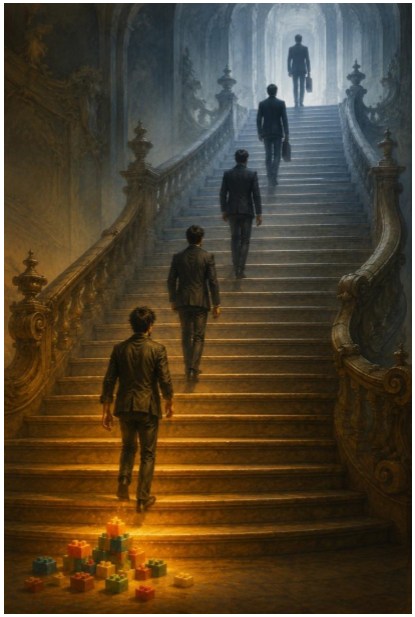 figures ascending grand marble stairs, lego bricks left at the bottom step